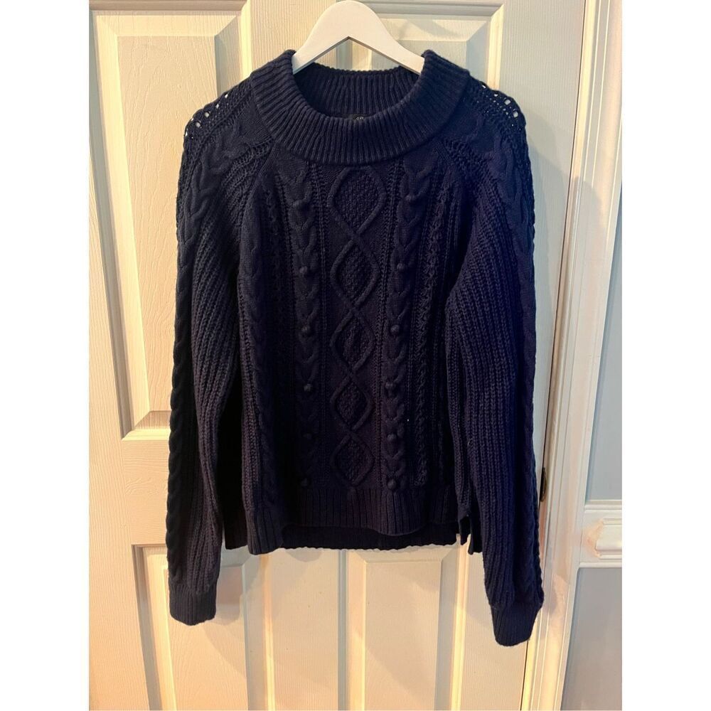 J. Crew Ezra Navy Pom Pom Cable Knit Sweater sz XL EUC